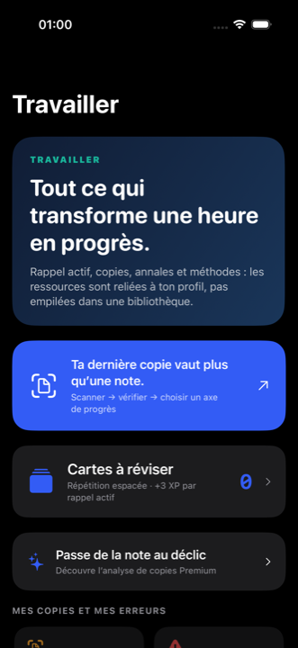 L’onglet Travailler : les familles d’ateliers.