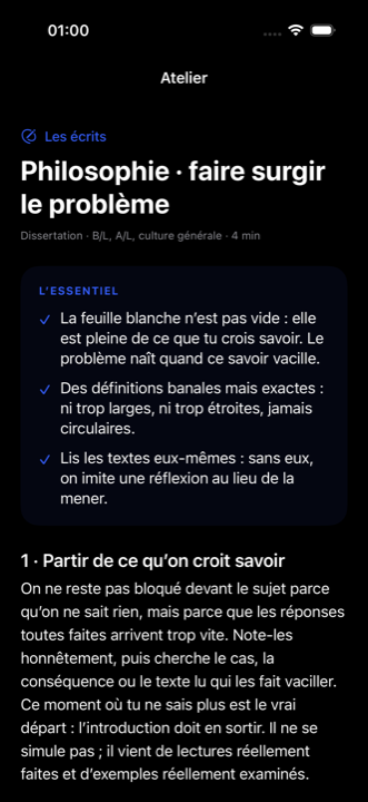L’atelier « Philosophie · faire surgir le problème » : trois points essentiels puis les étapes détaillées.