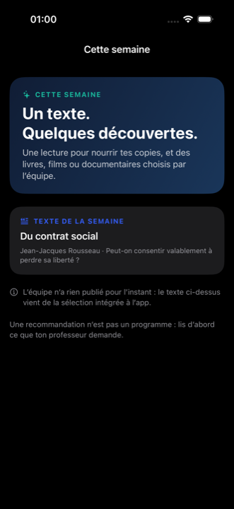 L’écran « Cette semaine » : le texte de la semaine et les recommandations.
